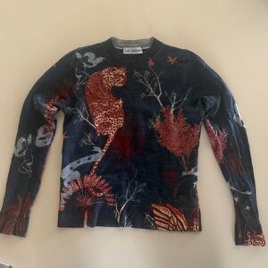 La Semaine Navy and Red Animal Print Sweater 100% wool